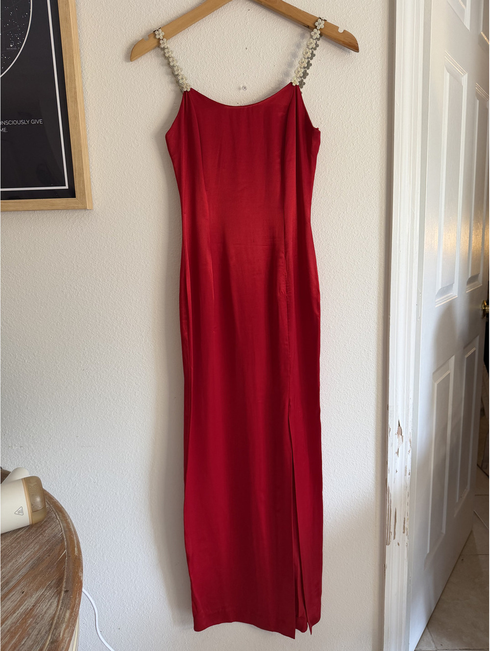 Vintage Jessica McClintock Gunne Sax Red Satin Maxi Dress Floral Straps 3/4 Y2K
